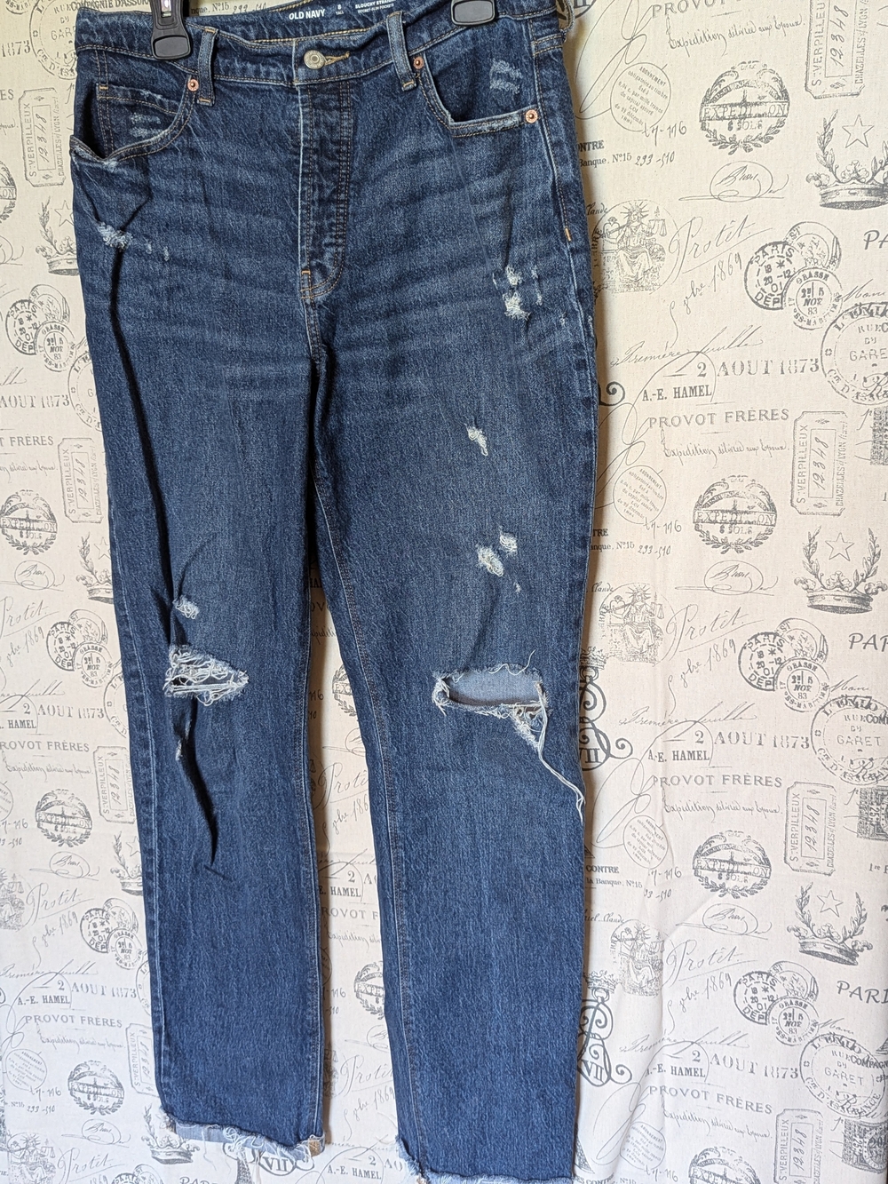 Old Navy Women’s Dark Blue Distressed High Rise Slouchy Straight-Leg Jeans 8-10